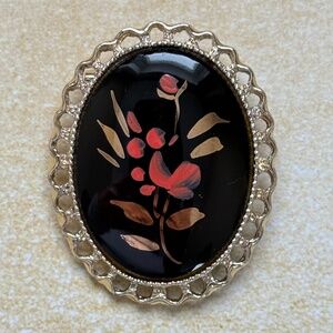 ARTISAN Brooch Hand Painted Floral Oval Gold